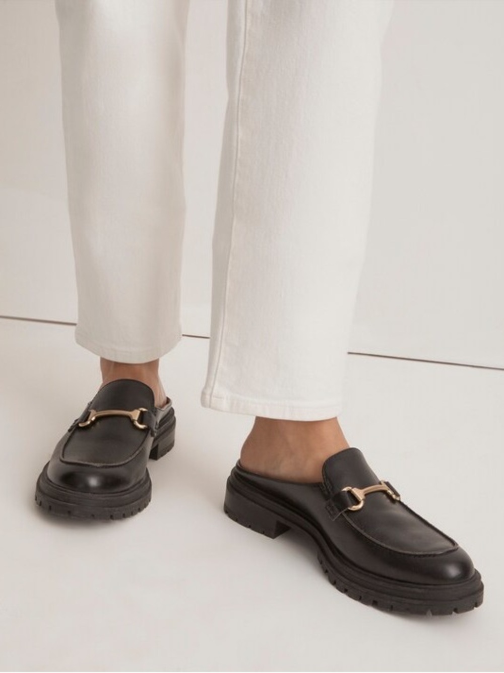 Madewell Black Leather Loafer Mules with Gold Bit